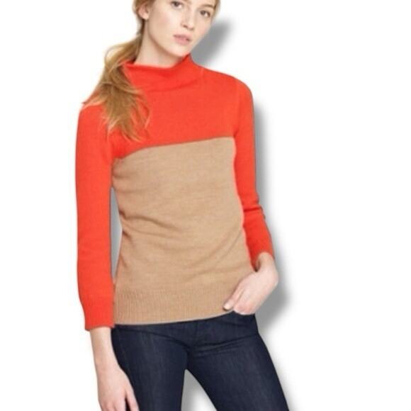J.Crew Size S Orange Brown Colorblock 100% Merino Wool Rollneck Pullover Sweater - Picture 1 of 6
